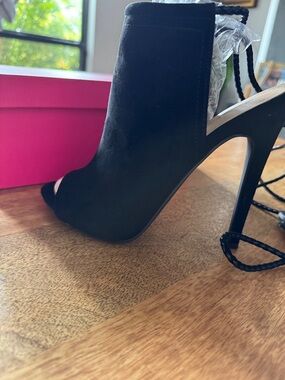 Black Suede Open-Toe Stiletto Bootie /7.5US